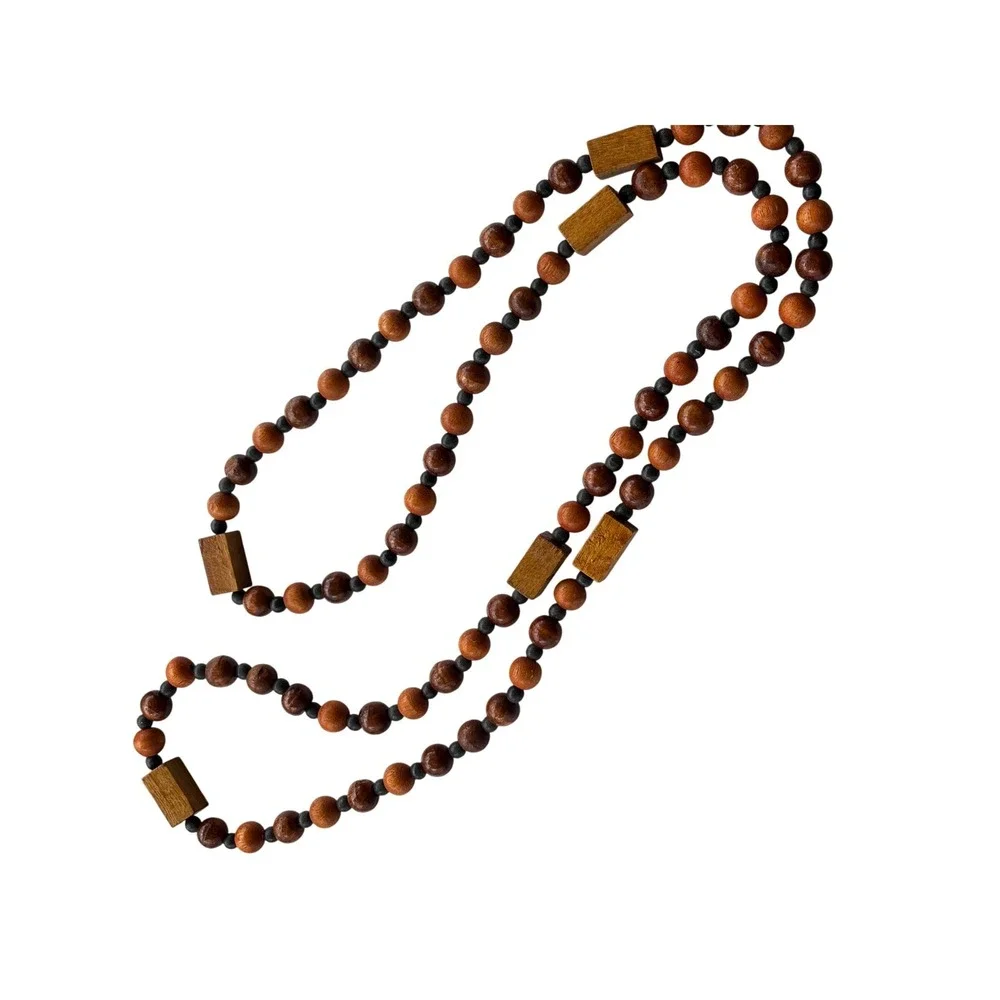 Vintage 90s Boho Wood Bead Necklace | 46
